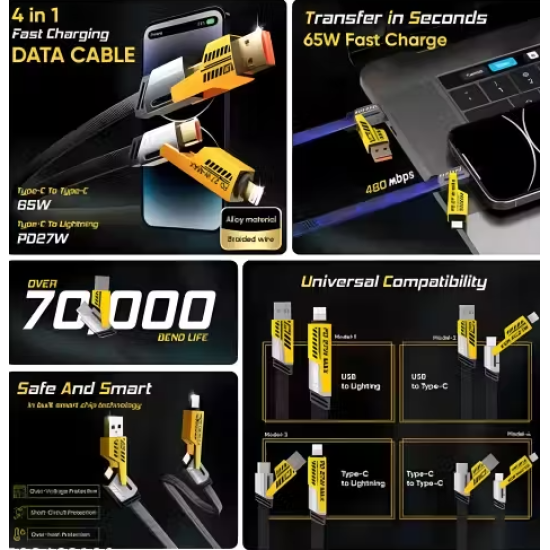 CARMAX 65W 4in1 Mobile Charging Metal Data Cable