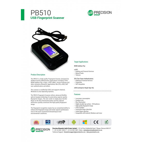 Precision PB510 Fingerprint Reader|Scanner STQC Certified USB Biometric Device