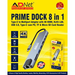 Adnet Prime Dock 8 in 1 ADP-C8-1136 Type C 4K HDMI RJ45 LAN USB 3 with Card Reader Multiport Adapter Docking Station