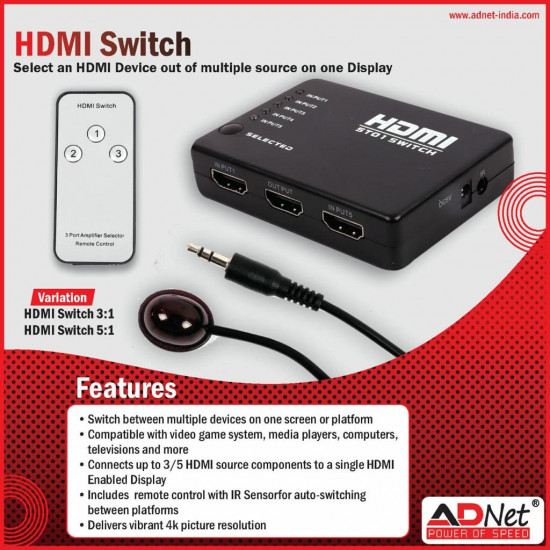 ADNET HDMI SWITCH 3|5 PORT TO CONNECT 3|5 HDMI TO ONE DISPLAY MEDIA STREAMING DEVICE