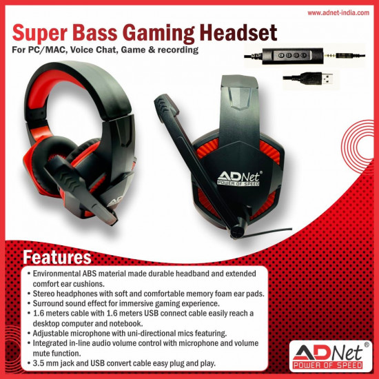 Adnet Gaming Headphones with Adjustable Mic | Surround Sound | Deep Bass | Works with All Mobile Phones, PS5, PS4, Xbox Headset
