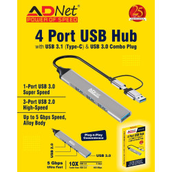 Adnet USB Hub AD-UH-230 4 Port 1 Port 3.0 3 Port 2.0 upto 5 GBPS Speed USB Hub Adnet USB Hub AD-UH-230 4 Port 1 Port 3.0 3 Port 2.0 upto 5 GBPS Speed USB Hub