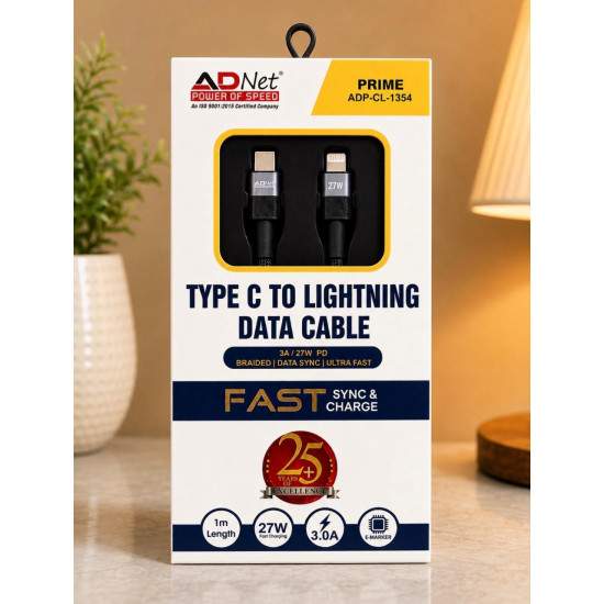 Adnet Prime ADP-CL-1354 27W PD 3A Type-C to Lightning Fast Charging & Data Sync Cable