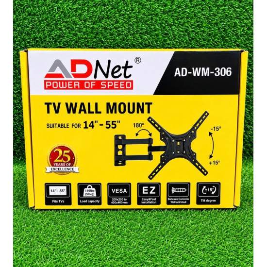 Adnet AD-WM-306 Bracket 15″-55″ TV/Monitor djustable Swivel & Tilt Bracket Heavy Duty Movable Wall Mount