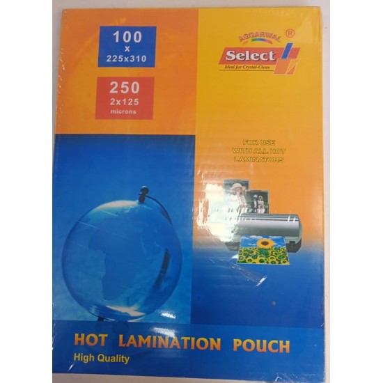 Aggarwal Select High Quality 250 (2*125) Micron A4 Size (225mm * 310mm) 100 PCs Pack Hot Lamination Pouch