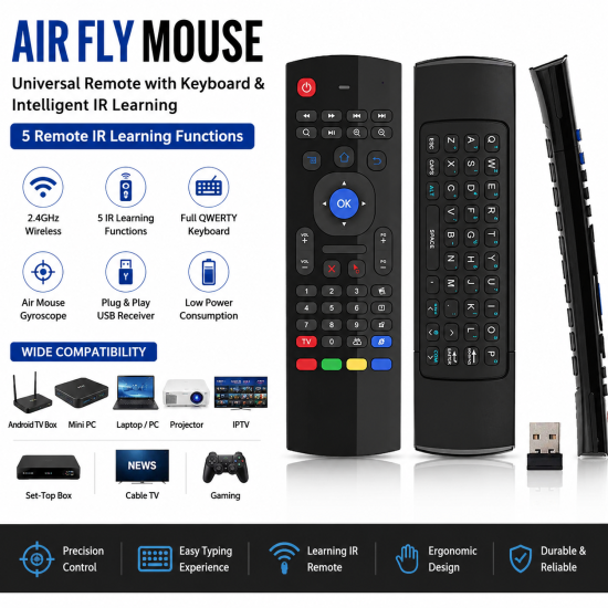 Air Fly Mouse Remote with Keyboard & IR Learning Universal Android TV Remote