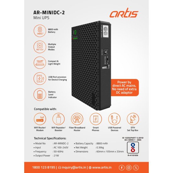 Artis AR-MINIDC-3 Mini UPS 8800mAh Battery. Supports 9V/12V-1A/1.5A/2A Routers. USB Port Phone Charging WiFi Router/Modem/CCTV/Set top Box/POE Devices UPS