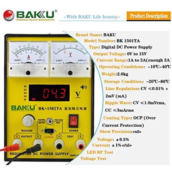 Bakku BK-1501T+ 0-1A 0-15V Laboratory DC Power Supply Bakku BK-1501T+ 0-1A 0-15V Laboratory DC Power Supply