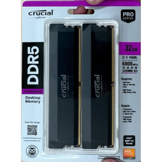 Crucial Pro DDR5 32GB Gaming Memory 6000 MHz CL36 Kit Desktop RAM Crucial Pro DDR5 32GB Gaming Memory 6000 MHz CL36 Kit Desktop RAM