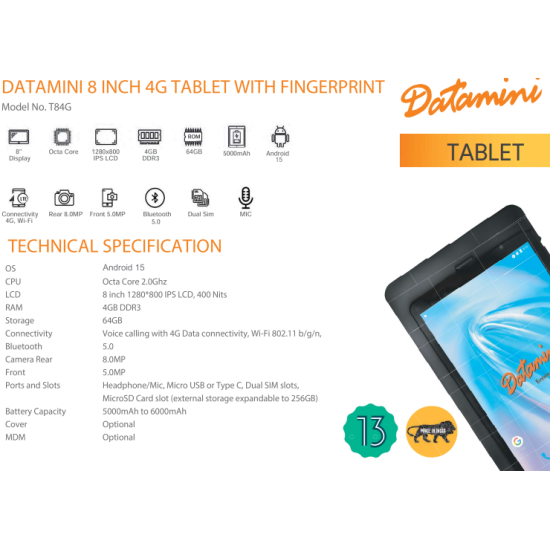 Datamini T84G 8 Inch Android 4G Face & Finger Aadhar Based Biometric Tablet Datamini T84G 8 Inch Android 4G Face & Finger Aadhar Based Biometric Tablet