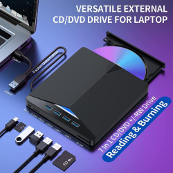 External DVD Drive USB 3.0/Type C USB-C 7-in-1 Player Burner Reader SD/TF Card Reader & 4-Port USB Hub Versatile Portable Laptop CD/DVD Writer External DVD Drive USB 3.0/Type C USB-C 7-in-1 Player Burner Reader SD/TF Card Reader & 4-Port USB Hub Versatile Portable Laptop CD/DVD Writer
