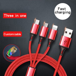 Multiple Device 3 in 1 3.1A Fast Charging 8-Pin Lightning Micro USB Type-C Nylon Braided 1.2 M Micro USB Charging Cable