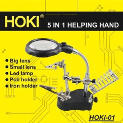 Hoki 5 in 1 Helping Hand with Magnifying ???? Glass, Solder Stand, pcb holder and LED light Hoki 5 in 1 Helping Hand with Magnifying ???? Glass, Solder Stand, pcb holder and LED light