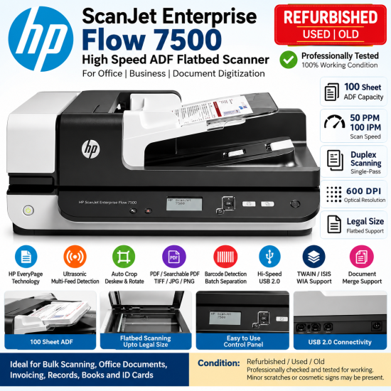 HP ScanJet Enterprise Flow 7500 Refurbished High Speed ADF Flatbed Scanner