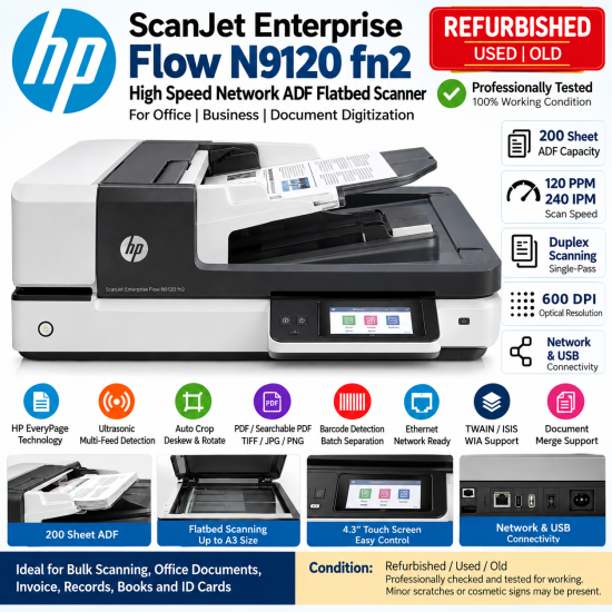 HP ScanJet Enterprise Flow N9120 fn2 Refurbished High Speed A3 ADF Flatbed Document Scanner
