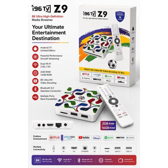 i96TV Z9 8K Football Android 14|WiFi-6|BT5.4 Google Voice TV Media Streamer Smart Android TV Box