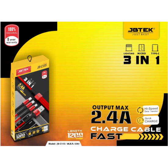 JBTEK BT-C115 Multi Pin 3 in 1 Data & Charging Fast Mobile phones Data Transfer USB Cable