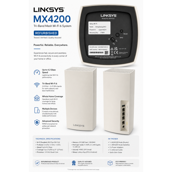 Linksys Velop MX4200 WiFi-6 Tri-band Smart Mesh System Wifi Router