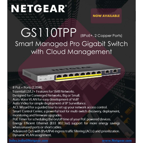 Netgear GS110TPP 10-Port Gigabit | 8-Port Gigabit PoE+ Ethernet Smart Switch with 2 Copper Ports and Cloud Management Desktop | Wall Mount Smart Switch
