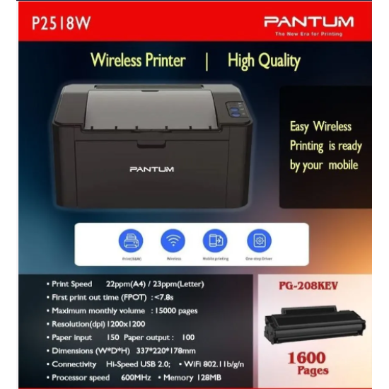 PANTUM P2518W Laser Wireless Single-function Monochrome Wi-Fi Printer