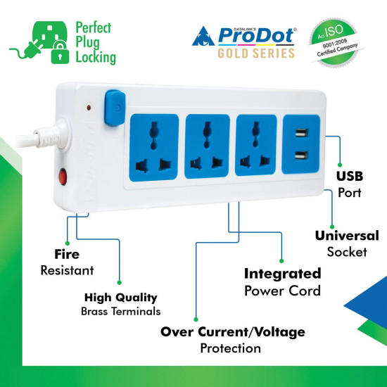 ProDot Surge Protector with 3 sockets, 2 USB Port Power Strip