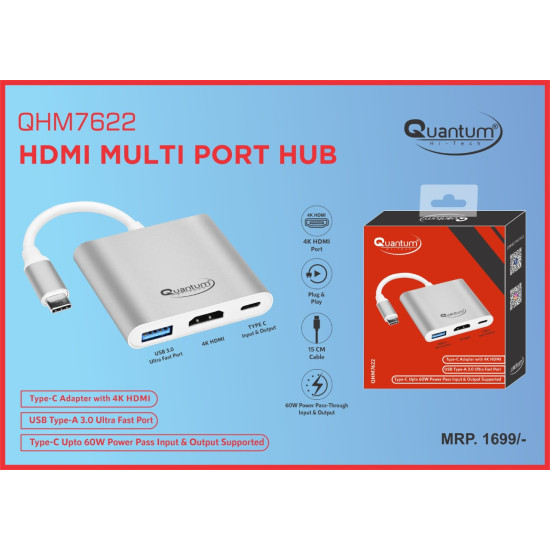 Quantum QHM7622 Type C To Hdmi 4k Adapter 3 In 1 Usb, USB 3.0, USB C, 60w Power Pass Through USB HUB