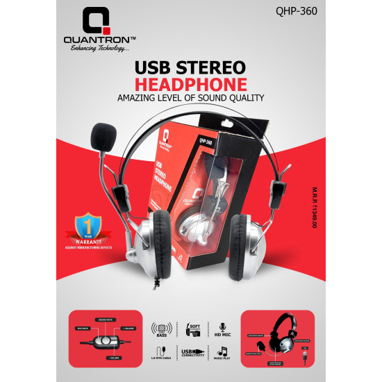 Quantron QHP-360 USB STEREO HEADPHONE On Ear Wired Headset