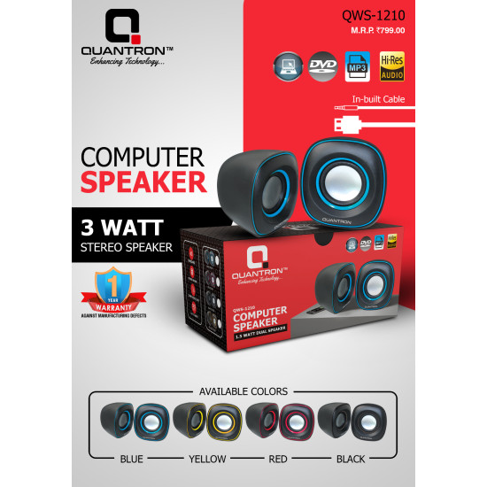 Quantron QWS-1210 COMPUTER SPEAKER 3 WATT STEREO Laptop/Desktop Computer Mini Speaker