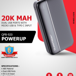 QUANTRON QPB-920 Powerup 20000mAh Power Bank 20K Lithium Polymer Dual Port Micro USB A Type C Mobile Power Bank QUANTRON QPB-920 Powerup 20000mAh Power Bank 20K Lithium Polymer Dual Port Micro USB A Type C Mobile Power Bank