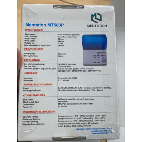 Mentation MT5802P Bluetooth Thermal Portable Receipt Printer