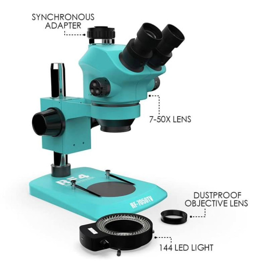 RF4 RF7050TVD2-4KC1-M156 7-50X Industrial Optical Stereo Trinocular Microscope with 4K Ultra HD Camera & 15.6 inch 4K Display & 144 LED Ring Light & Dust Mirror Trinocular Microscope