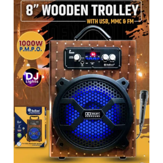 Soroo Dj Ligths 8'' Woofer Wireless Bluetooth Speaker With Mic , Usb , Mmc , Fm Radio, 1000w P.mp.c, Heavy Bass , Loud & Clear Sound , Easy to Carry for Outdoor, 6-8hrs Battery Backup  Bluetooth Speaker