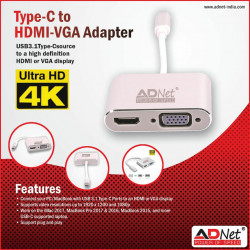 Adnet Type C to HDMI + VGA, USB C (Thunderbolt 3 Compatible) to HDMI 4K+VGA Adapter MacBook Pro/Chromebook Pixel/Dell XPS 13 Yoga 910 iPad Pro MacBook Air HDMI+VGA Adapter