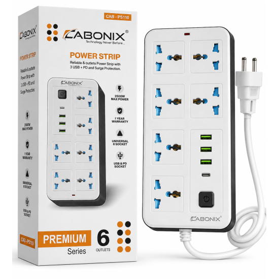 Cabonix Universal 4 Socket Power Strip with 3 USB + Type-C Extension Board