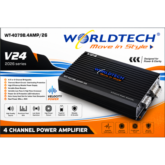 WorldTech WT-4079B.4AMP/26 V24 4 Channel Power Car Amplifier