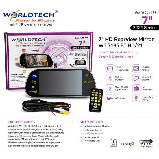 Worldtech WT-7185 BT 7-Inch Mirror Monitor Car Rearview