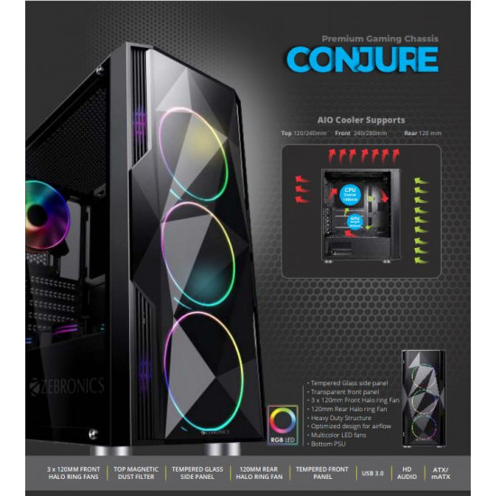 ZEBRONICS Zeb-Conjure Premium Gaming PC Chassis 3D Tempered Glass MultiColor ATX Computer Cabinet