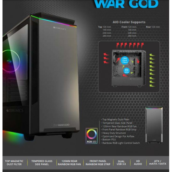 ZEBRONICS Zeb-Wargod Premium Gaming PC Chassis RGB LED Fan Tempered Glass Panel MultiColor ATX Computer Cabinet